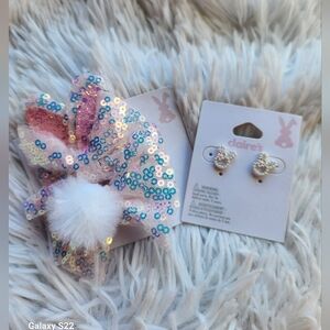 Claire's Pink and White Sequin Bow Hair Clip and Earrings Set